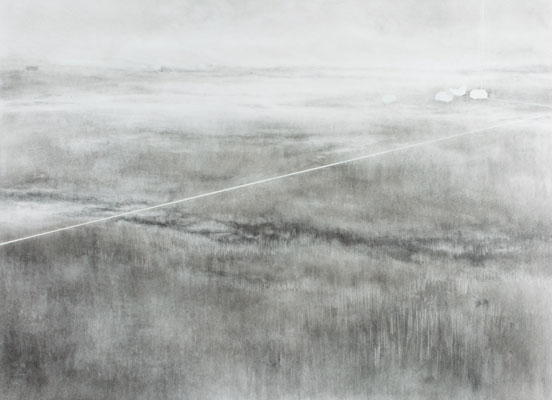 'Lull' Deborah Grice contemporary landscape artist graphite powder drawing of a North Uist, Outer Hebridean landscape. It has three small white geometric cottages and white lines added with white oil paint over the top.