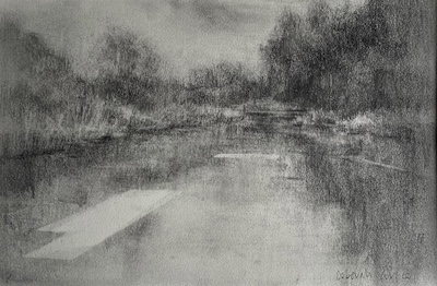 'Pastoral Void III' Deborah Grice contemporary landscape artist graphite powder drawing of a stream surrounded by foliage and reeds. It is set in daylight with an eery white voids, in the middle of the water. 