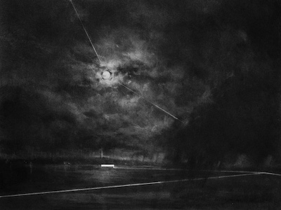 'The Orchestration of Hope' Deborah Grice contemporary landscape artist carbon powder drawing of a moonlit stormy river with a stretch of land on the opposite horizon. Graphic lines cross from the foregroud out through the sky.