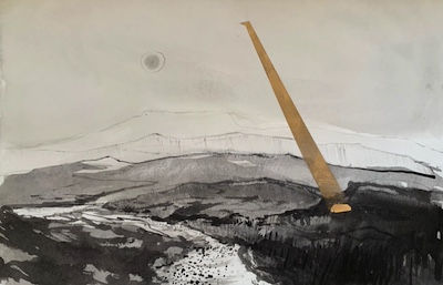 'A Peaceful Place IV' Deborah Grice contemporary landscape artist ink drawing of a Hebridean landscape. There is a gold cottage made from collage and a gold shaft of light beaming dowon on it, from the sky.