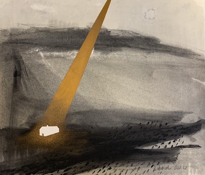 'It's Time III' Deborah Grice contemporary landscape artist ink drawing of a Hebridean landscape. There is a white cottage made from collage and a gold shaft of light beaming dowon on it, from the sky.