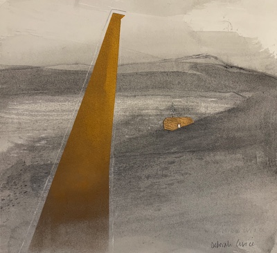 'It's Time II' Deborah Grice contemporary landscape artist ink drawing of a Hebridean landscape. There is a gold cottage made from collage and a gold shaft of light beaming dowon on it, from the sky.