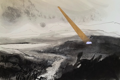 'A Peaceful Place II' Deborah Grice contemporary landscape artist ink drawing of a Hebridean landscape. There is a white cottage made from collage and a gold shaft of light beaming dowon on it, from the sky.