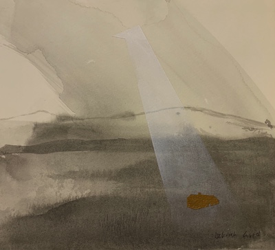 'It's Time IV' Deborah Grice contemporary landscape artist ink drawing of a Hebridean landscape. There is a gold cottage made from collage and a white shaft of light beaming dowon on it, from the sky.