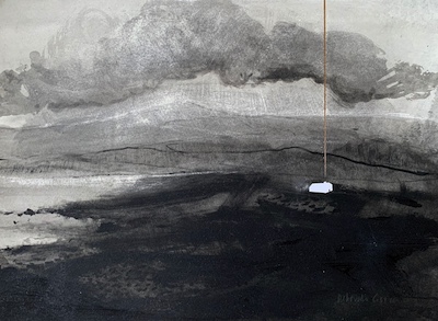 'With Hope II' Deborah Grice contemporary landscape artist ink drawing of a Hebridean landscape. There is a gold cottage made from collage and a white shaft of light beaming dowon on it, from the sky.