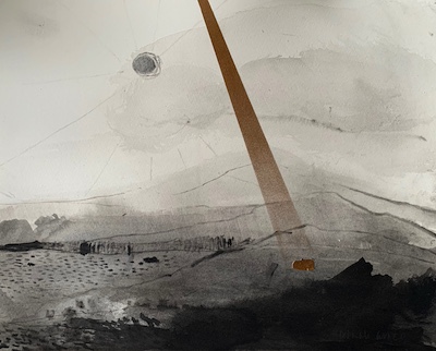 'With Hope III' Deborah Grice contemporary landscape artist ink drawing of a Hebridean landscape. There is a gold cottage made from collage and a gold shaft of light beaming dowon on it, from the sky.