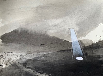 'With Hope IV' Deborah Grice contemporary landscape artist ink drawing of a Hebridean landscape. There is a white cottage made from collage and a white shaft of light beaming dowon on it, from the sky.