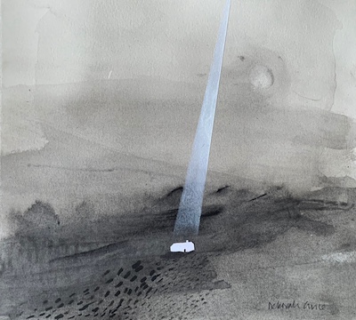 'It's Time V' Deborah Grice contemporary landscape artist ink drawing of a Hebridean landscape. There is a white cottage made from collage and a white shaft of light beaming dowon on it, from the sky.