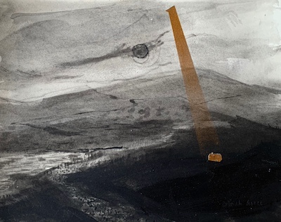 'With Hope I' Deborah Grice contemporary landscape artist ink drawing of a Hebridean landscape. There is a gold cottage made from collage and a gold shaft of light beaming dowon on it, from the sky.