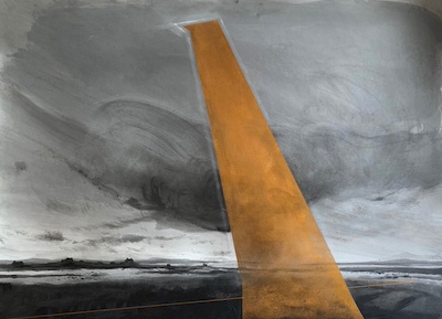 'For Today II' Deborah Grice contemporary landscape artist ink drawing of a Hebridean landscape. There is  a gold shaft of light beaming down from the sky.