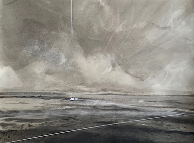 'Answers Aren’t Always Comfortable IV' Deborah Grice contemporary landscape artist ink drawing of a North Uist, Outer Hebridean landscape. It has three small white geometric cottages and white lines added with white oil paint over the top.