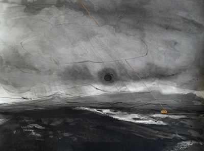 'Answers Aren’t Always Comfortable V' Deborah Grice contemporary landscape artist ink drawing of a North Uist, Outer Hebridean landscape. It has a gold  geometric cottage and gold lines added with white oil paint over the top.