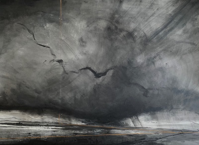 'For Today I' Deborah Grice contemporary landscape artist ink drawing of a North Uist, Outer Hebridean landscape. It has a gold geometric  lines added.