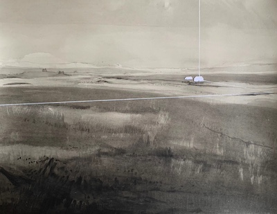 'Answers Aren’t Always Comfortable II' Deborah Grice contemporary landscape artist ink drawing of a North Uist, Outer Hebridean landscape. It has three small white geometric cottages and white lines added with white oil paint over the top.