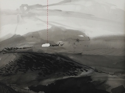 'Sanctuary II' Deborah Grice contemporary landscape artist ink drawing of a North Uist, Outer Hebridean landscape. It has a red geometric  shaft of light and a white collaged cottage added.