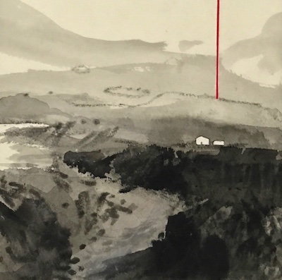 'Our Home' Deborah Grice contemporary landscape artist ink drawing of a North Uist, Outer Hebridean landscape. It has a red geometric  shaft of light and a white collaged cottage added.