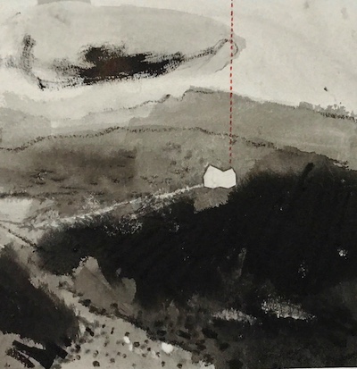 'Retreat' Deborah Grice contemporary landscape artist ink drawing of a North Uist, Outer Hebridean landscape. It has a red geometric  shaft of light and a white collaged cottage added.