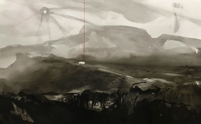 'Sanctuary' Deborah Grice contemporary landscape artist ink drawing of a North Uist, Outer Hebridean landscape. It has a red geometric  shaft of light and a white collaged cottage added.