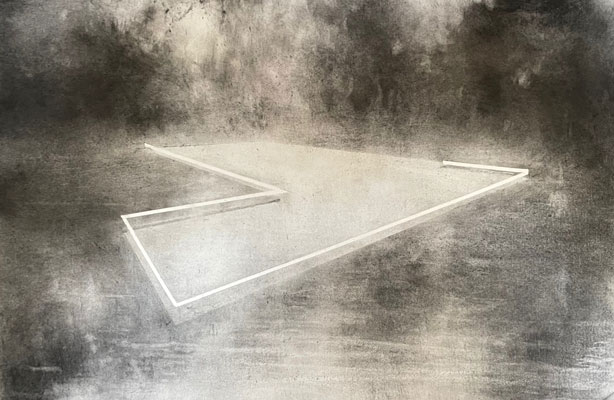 'Sublime Possibilities I' Deborah Grice contemporary landscape artist carbon powder drawing of a lake surrounded y foliage. It is set in misty day with an eerywhite void, in the middle of the water. Water is gently evaporating from the lake. 