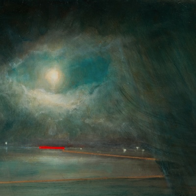 'Timeless Hope' Deborah Grice's contemporary oil painting of nocturne of the moon over a tempestous sea with a brooding sky, with red and gold geometric lines.