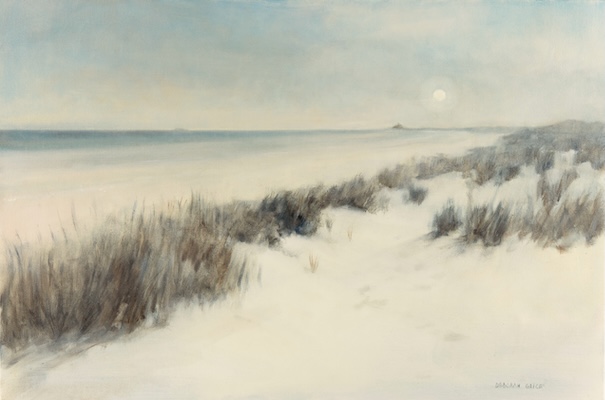 'Bamburgh Coastline I - Peace' Deborah Grice's contemporary  oil painting of Bamburgh Castle, Northumbria with sand dunes on a cold sunny day.