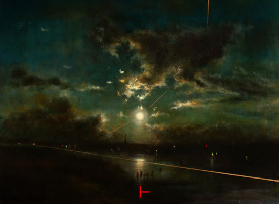 'Our Truth II' Deborah Grice contemporary  nocturnal oil painting of a coastline with streetlights on the opposite shore. With gold and red geometric lines.