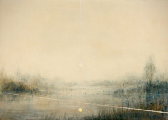 Sublime Dawn' Deborah Grice's contemporary  oil painting of the banks of a gentle river with two geometric circles and white lines.