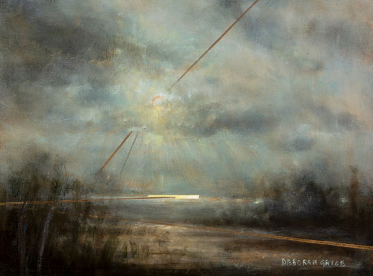 'Serenity's Edge' Deborah Grice's contemporary  oil painting of the banks of a gentle river with gold and white  geometric lines.