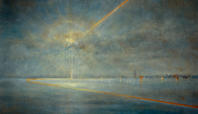 'Glimmers of Possibility' Deborah Grice contemporary  nocturnal oil painting of a coastline with streetlights on the opposite shore. With gold geometric lines.