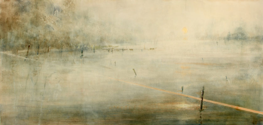 'Future's Dawn' Deborah Grice's contemporary  oil painting of the banks of a gentle river with geometric white lines.