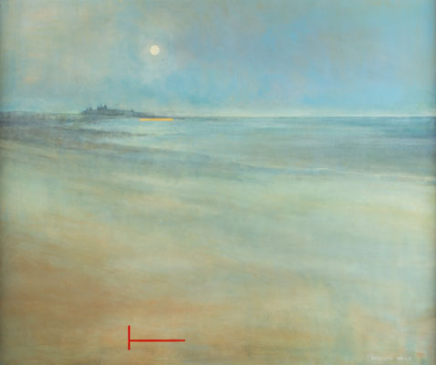 'Dunstanburgh Coastline' Deborah Grice's contemporary  oil painting of Bamburgh Castle, Northumbria with sand dunes on a cold sunny day. The sun is a whote geometric circle with orange and red geometric horizontal lines.