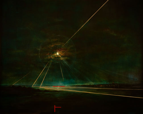 'As We Flow' Deborah Grice contemporary  nocturnal oil painting of a coastline with streetlights on the opposite shore. With gold and red geometric lines.