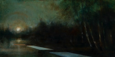 'Our Time II' Deborah Grice's contemporary landscape nocturnal oil painting of a  stream surrounded by trees with a geometric void.