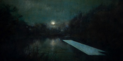 'Where Hope Is Held I' Deborah Grice's contemporary landscape nocturnal oil painting of a  stream surrounded by trees with a geometric void.