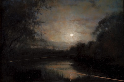 'Calm' Deborah Grice's contemporary landscape oil painting of a stream surrounded by trees with a geometric gold and white lines. it is set in crespuscular light.