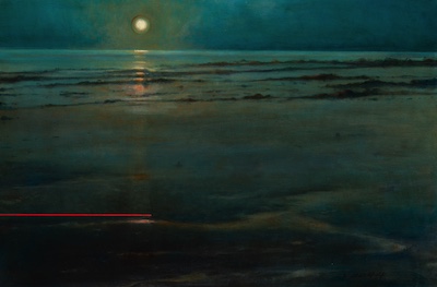 'Restful Now' Deborah Grice contemporary  nocturnal oil painting of a coastline with and moon in a night sky. With red geometric lines.