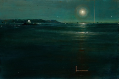 'Peace at Last' Deborah Grice contemporary  nocturnal oil painting of a coastline with and moon in a night sky. With gold geometric lines.