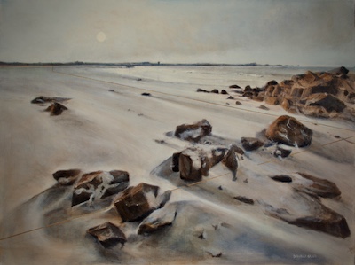 'Onwards' Deborah Grice contemporary  oil painting of a rocky shoreline landscape with a geometric white sun in the sky.