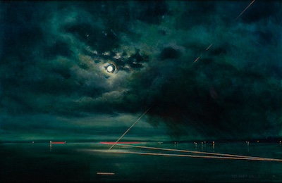'Absolution III' Deborah Grice contemporary  nocturnal oil painting of a coastline with streetlights on the opposite shore. With gold and red geometric lines.
