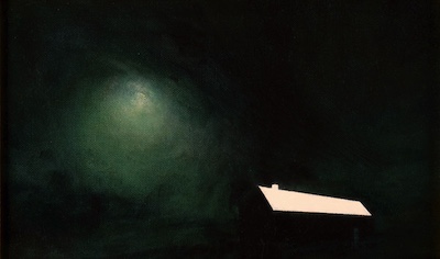 'Place' Deborah Grice contemporary  nocturnal oil painting of moonlit nocturne and a house with a white geometirc white roof.