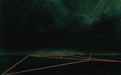 'Benediction III | Dunstanburgh' Deborah Grice contemporary  nocturnal oil painting of a coastline with streetlights on the opposite shore. With gold and red geometric lines.