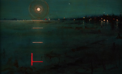'Towards Home IV' Deborah Grice contemporary  nocturnal oil painting of a coastline with streetlights on the opposite shore. With gold and red geometric lines.