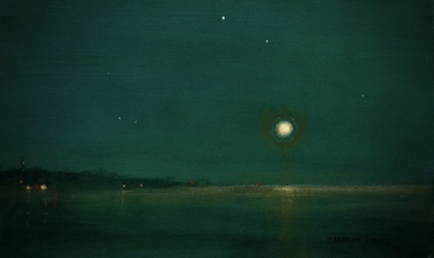 'Towards Home III' Deborah Grice contemporary  nocturnal oil painting of a coastline with streetlights on the opposite shore. With gold and red geometric lines.