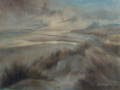 'Finding Shelter | Dunstanburgh' Deborah Grice's contemporary  oil painting of Bamburgh Castle, Northumbria with sand dunes on a a sunny day.