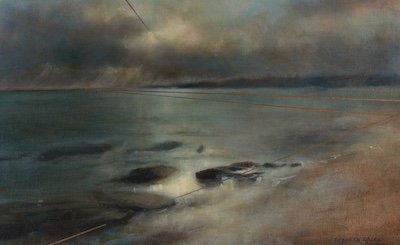 'Finding Hope | Bamburgh' Deborah Grice's contemporary  oil painting of Bamburgh Castle, Northumbria with sand dunes at dusk.