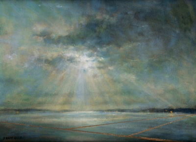 'Eternal IV' Deborah Grice contemporary twilight oil painting of a coastline with streetlights on the opposite shore. With gold geometric lines.