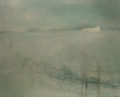 'This Is Our Sanctuary' Deborah Grice contemporary  oil painting of pastoral landscape with a white geometric cottages