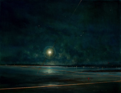 'Behold!' Deborah Grice contemporary  nocturnal oil painting of a coastline with streetlights on the opposite shore. With gold and red geometric lines.