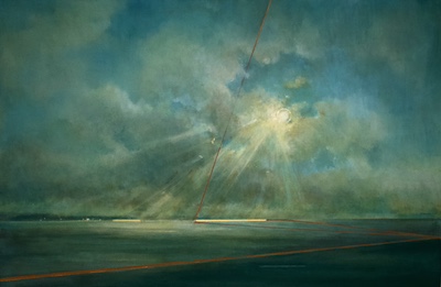 'All Will Be Fine' Deborah Grice contemporary twilight oil painting of a coastline with streetlights on the opposite shore. With gold geometric lines.