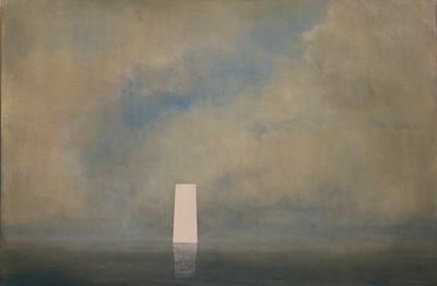 'Beyond III' Deborah Grice contemporary oil painting of a cloudy coastline with some blue sky. An obelisk appears out of a still sea.